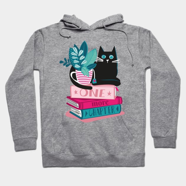 One more chapter // spot // pastel pink background black cat striped mug with plants red teal and yellow books with quote Hoodie by SelmaCardoso